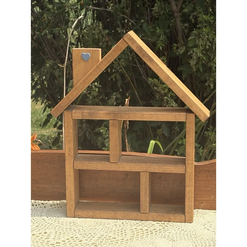 Vintage Wooden Wall Display Shelf House Shaped with Roof Chimney 17.5